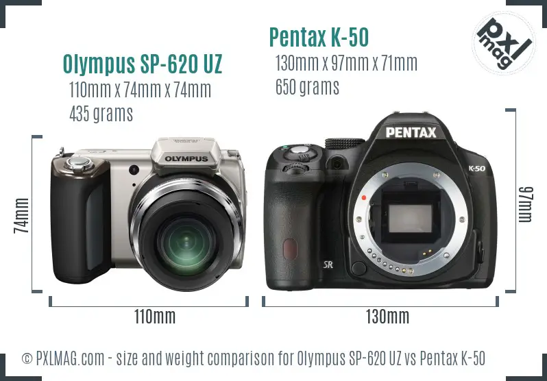 Olympus SP-620 UZ vs Pentax K-50 size comparison