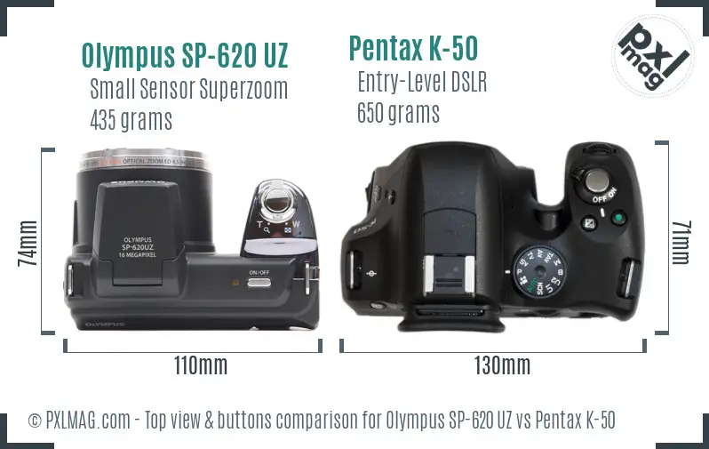 Olympus SP-620 UZ vs Pentax K-50 top view buttons comparison