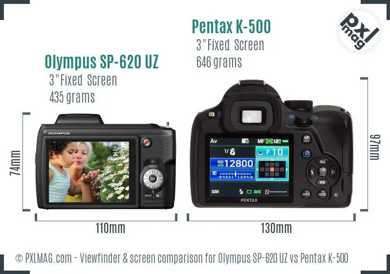 Olympus SP-620 UZ vs Pentax K-500 Screen and Viewfinder comparison