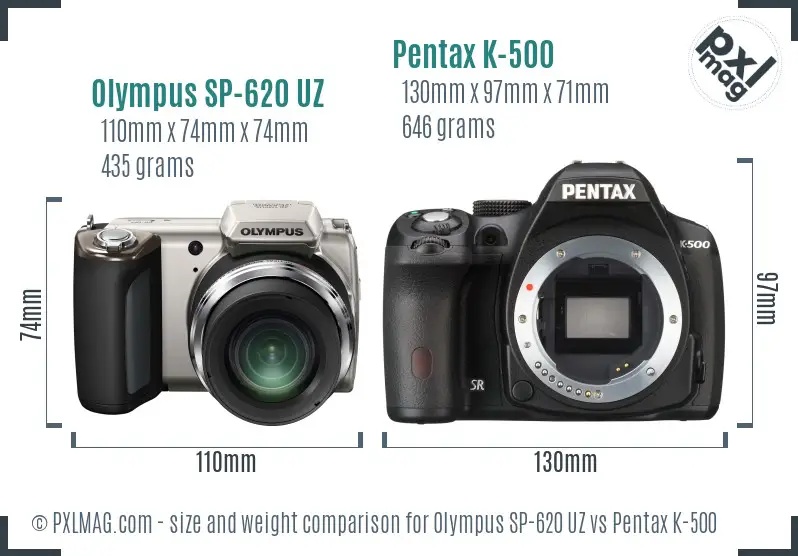 Olympus SP-620 UZ vs Pentax K-500 size comparison