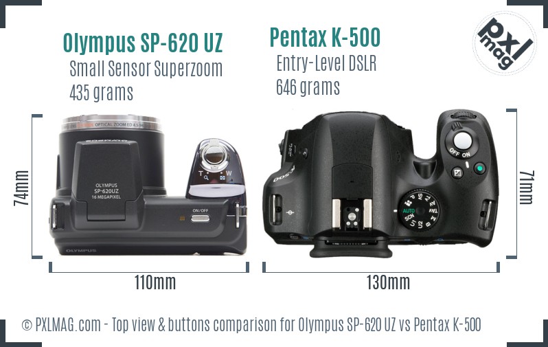 Olympus SP-620 UZ vs Pentax K-500 top view buttons comparison