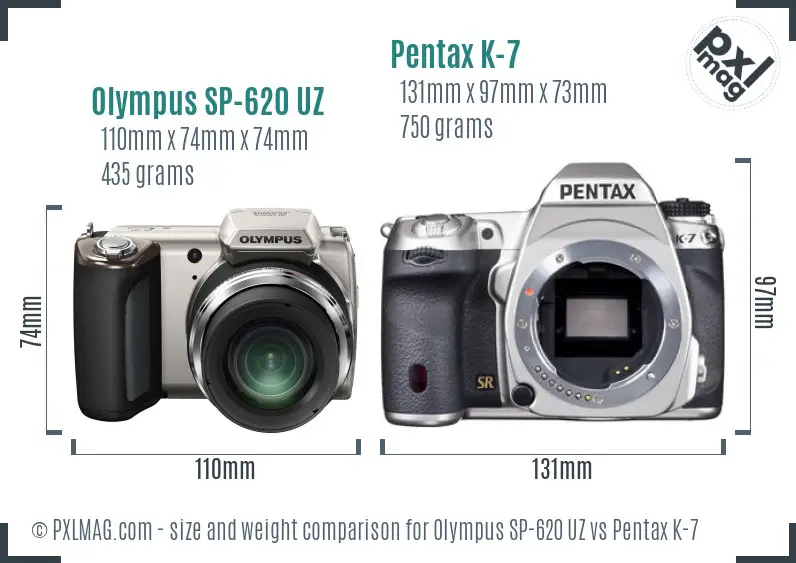 Olympus SP-620 UZ vs Pentax K-7 size comparison