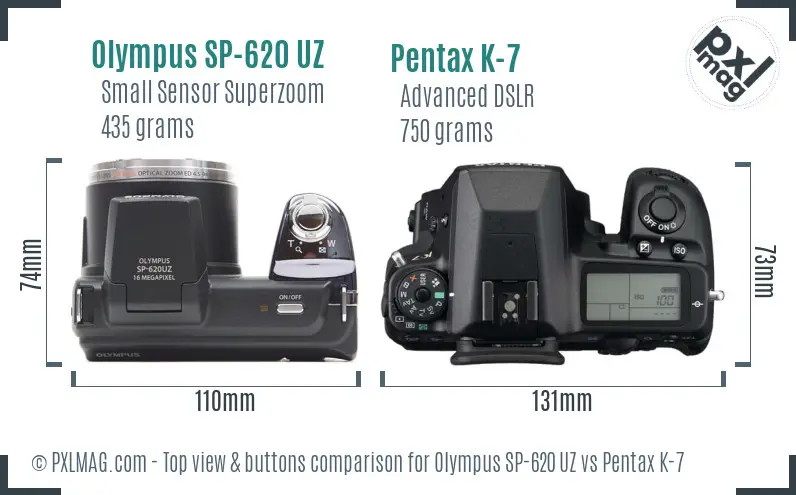 Olympus SP-620 UZ vs Pentax K-7 top view buttons comparison