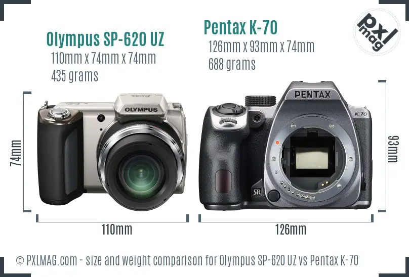 Olympus SP-620 UZ vs Pentax K-70 size comparison