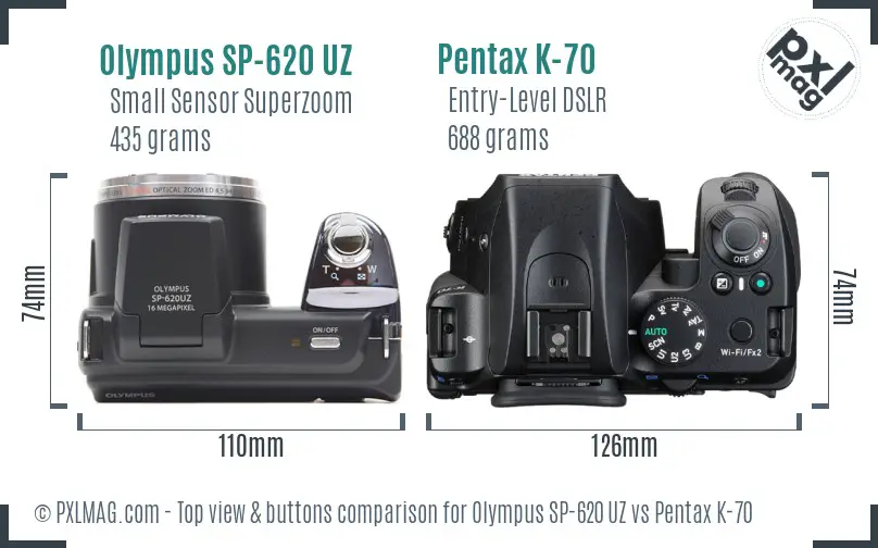 Olympus SP-620 UZ vs Pentax K-70 top view buttons comparison
