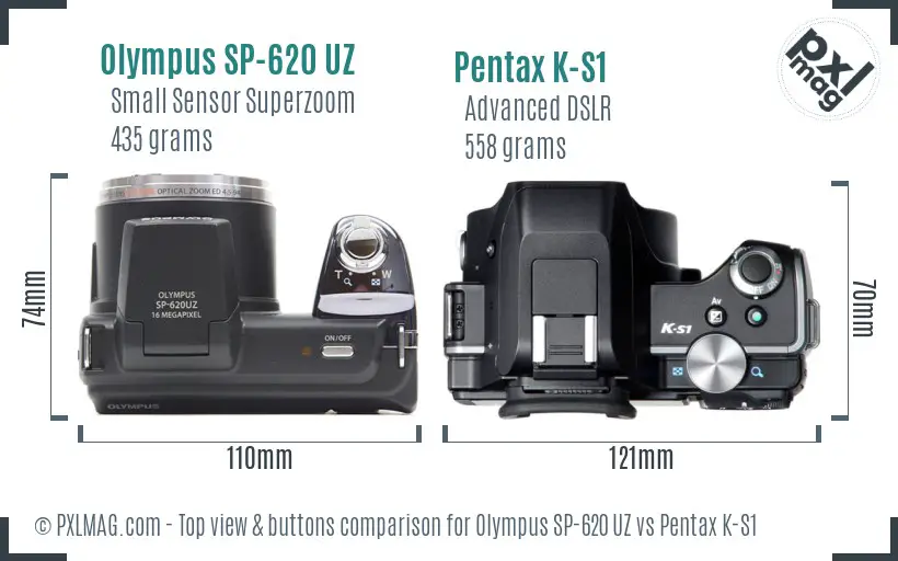 Olympus SP-620 UZ vs Pentax K-S1 top view buttons comparison