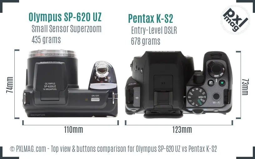 Olympus SP-620 UZ vs Pentax K-S2 top view buttons comparison