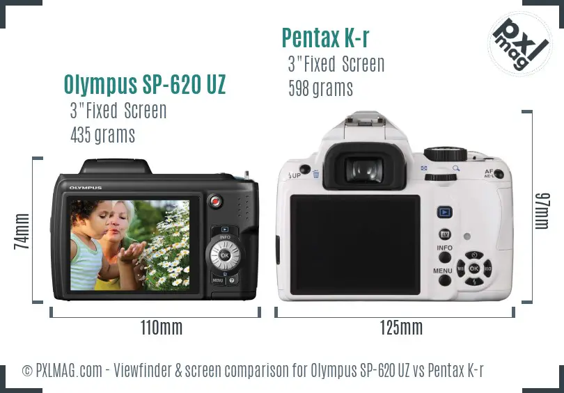 Olympus SP-620 UZ vs Pentax K-r Screen and Viewfinder comparison