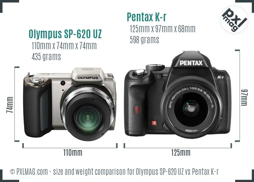 Olympus SP-620 UZ vs Pentax K-r size comparison