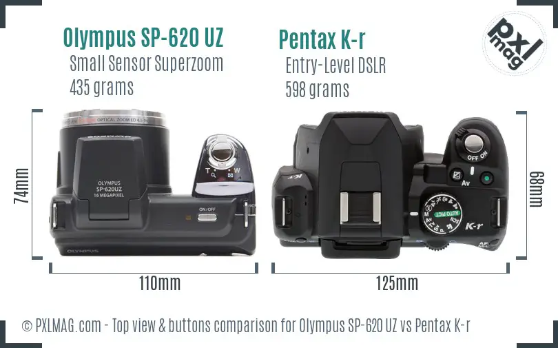 Olympus SP-620 UZ vs Pentax K-r top view buttons comparison