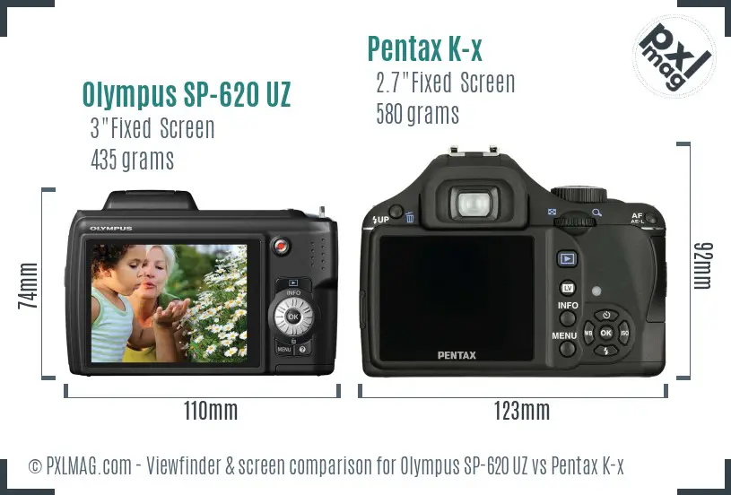 Olympus SP-620 UZ vs Pentax K-x Screen and Viewfinder comparison