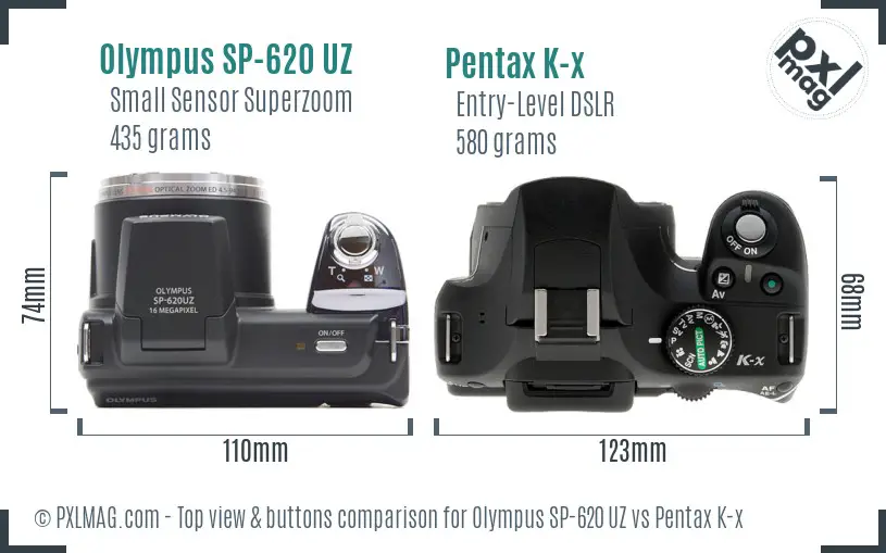 Olympus SP-620 UZ vs Pentax K-x top view buttons comparison