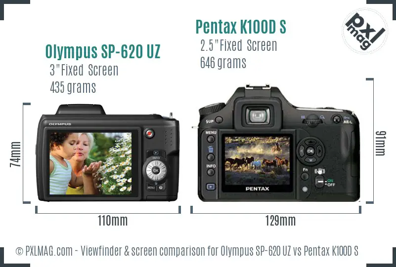 Olympus SP-620 UZ vs Pentax K100D S Screen and Viewfinder comparison