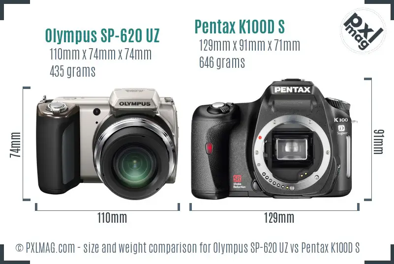 Olympus SP-620 UZ vs Pentax K100D S size comparison