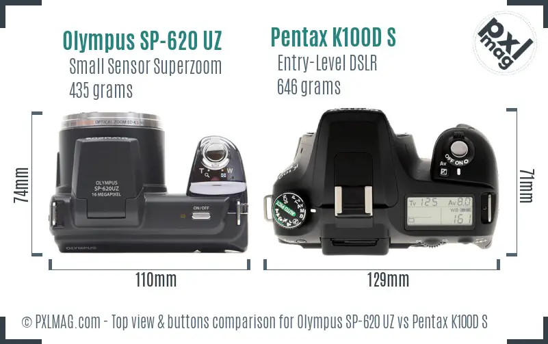 Olympus SP-620 UZ vs Pentax K100D S top view buttons comparison