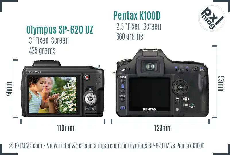 Olympus SP-620 UZ vs Pentax K100D Screen and Viewfinder comparison