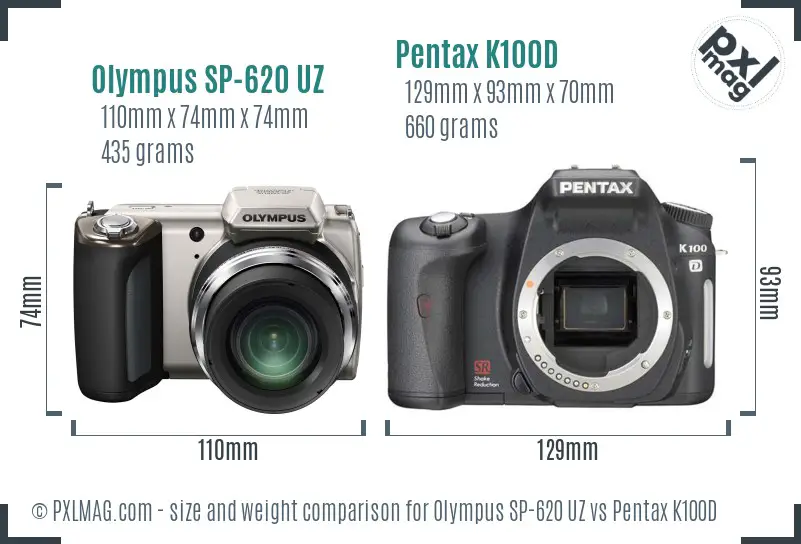 Olympus SP-620 UZ vs Pentax K100D size comparison
