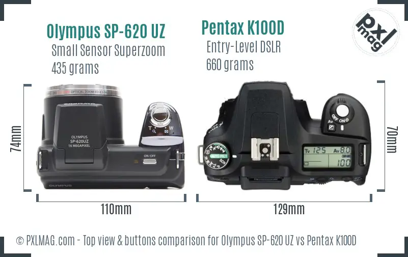 Olympus SP-620 UZ vs Pentax K100D top view buttons comparison