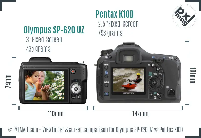 Olympus SP-620 UZ vs Pentax K10D Screen and Viewfinder comparison