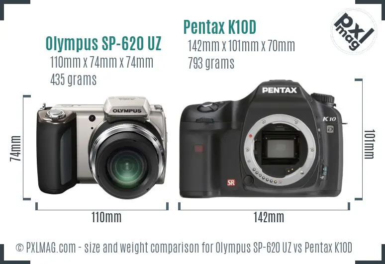 Olympus SP-620 UZ vs Pentax K10D size comparison