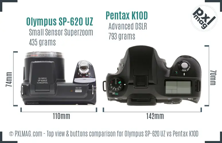 Olympus SP-620 UZ vs Pentax K10D top view buttons comparison