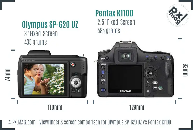 Olympus SP-620 UZ vs Pentax K110D Screen and Viewfinder comparison