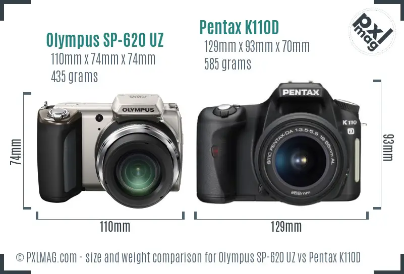 Olympus SP-620 UZ vs Pentax K110D size comparison