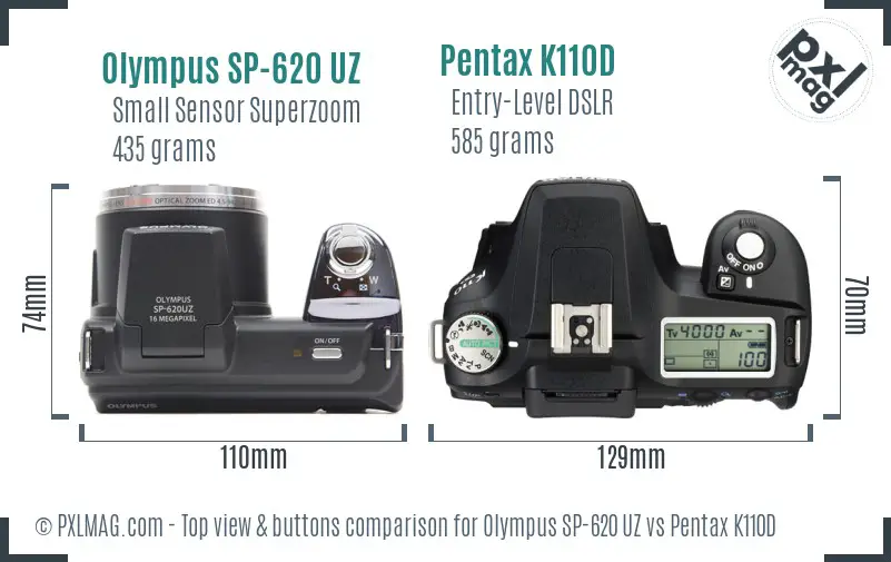 Olympus SP-620 UZ vs Pentax K110D top view buttons comparison
