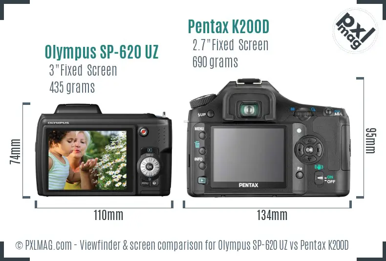 Olympus SP-620 UZ vs Pentax K200D Screen and Viewfinder comparison