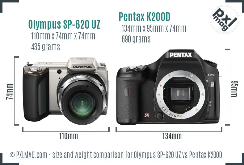 Olympus SP-620 UZ vs Pentax K200D size comparison