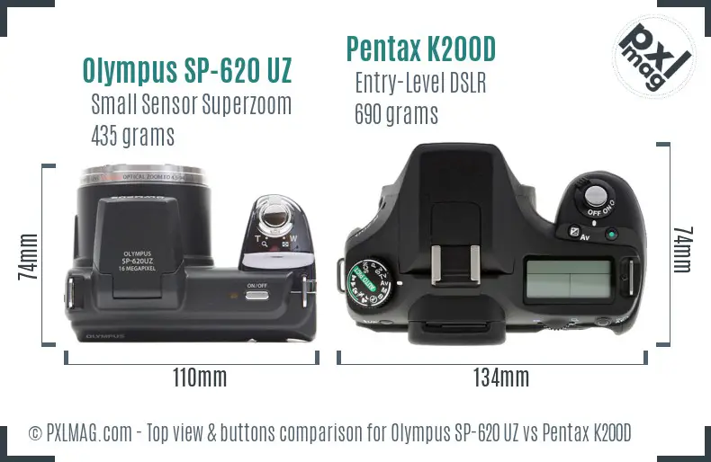 Olympus SP-620 UZ vs Pentax K200D top view buttons comparison