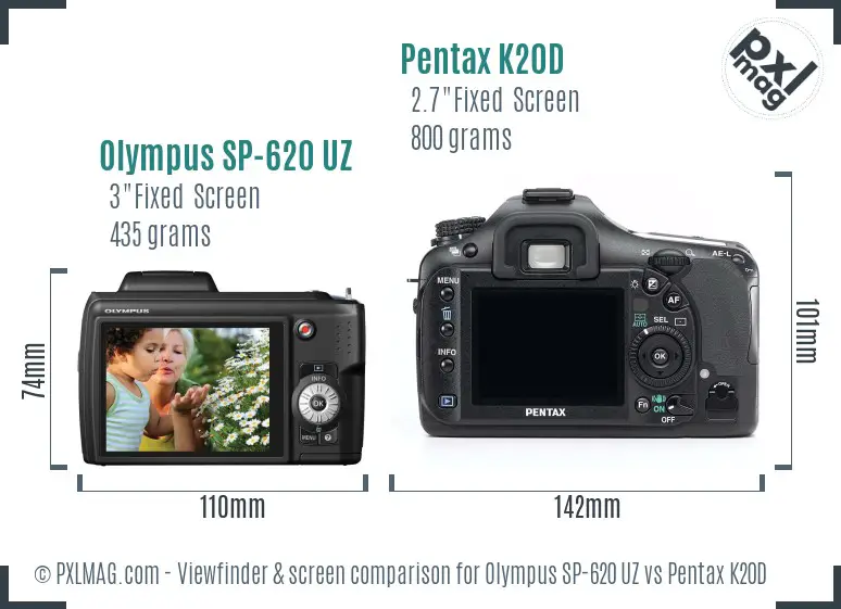 Olympus SP-620 UZ vs Pentax K20D Screen and Viewfinder comparison