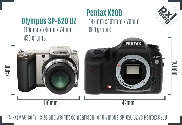 Olympus SP-620 UZ vs Pentax K20D size comparison