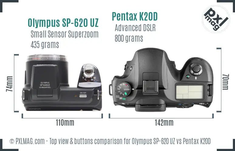 Olympus SP-620 UZ vs Pentax K20D top view buttons comparison