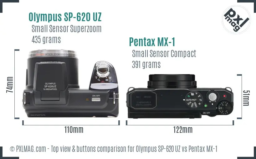 Olympus SP-620 UZ vs Pentax MX-1 top view buttons comparison