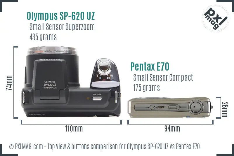 Olympus SP-620 UZ vs Pentax E70 top view buttons comparison