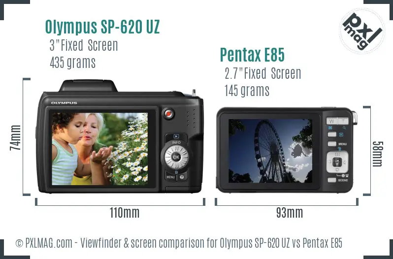 Olympus SP-620 UZ vs Pentax E85 Screen and Viewfinder comparison