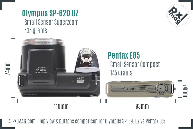 Olympus SP-620 UZ vs Pentax E85 top view buttons comparison