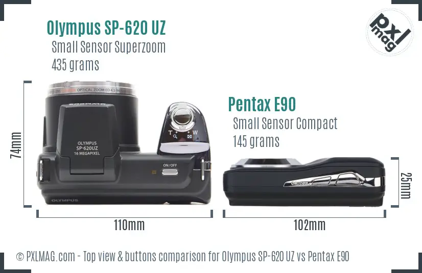 Olympus SP-620 UZ vs Pentax E90 top view buttons comparison