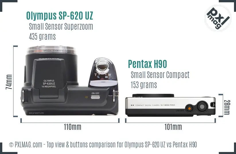 Olympus SP-620 UZ vs Pentax H90 top view buttons comparison