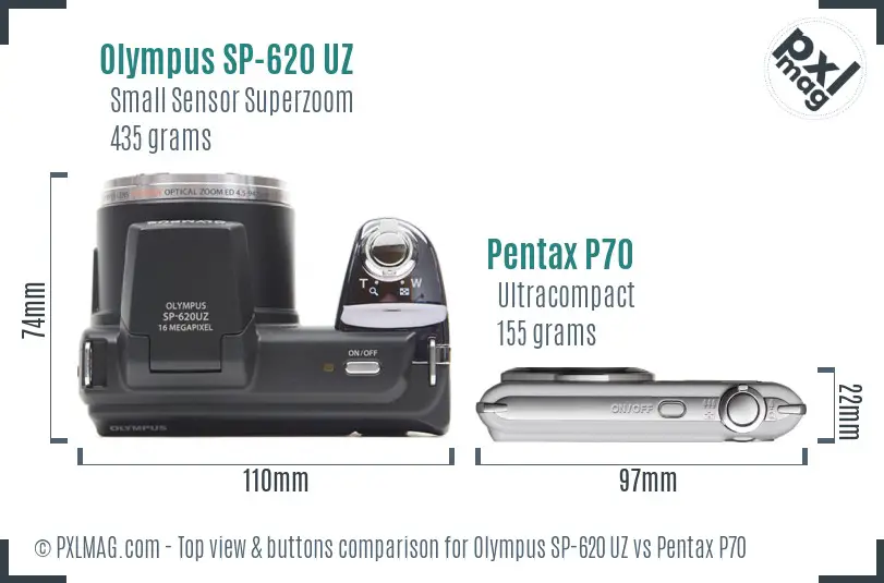 Olympus SP-620 UZ vs Pentax P70 top view buttons comparison