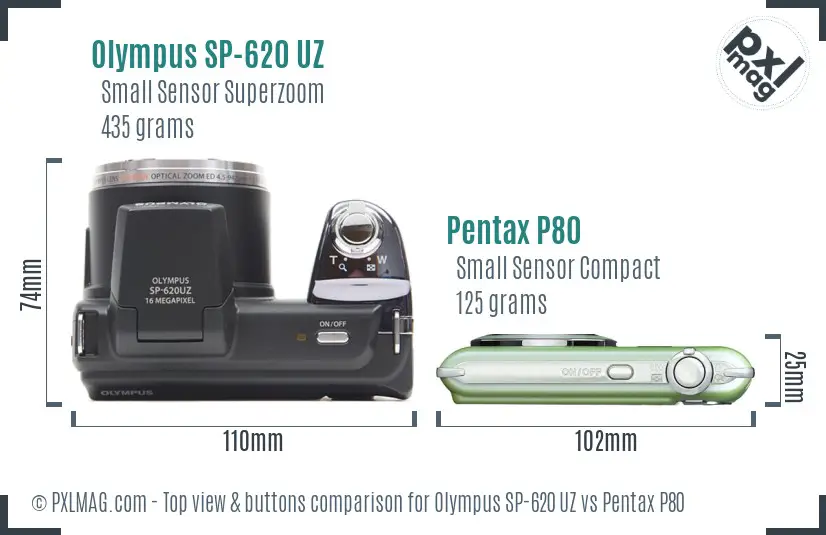 Olympus SP-620 UZ vs Pentax P80 top view buttons comparison