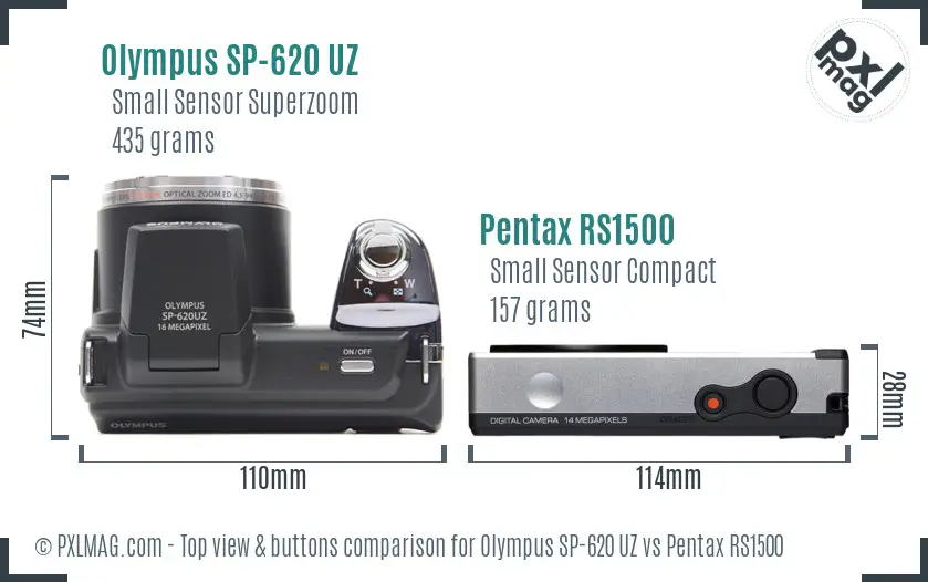 Olympus SP-620 UZ vs Pentax RS1500 top view buttons comparison