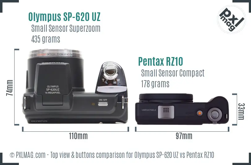 Olympus SP-620 UZ vs Pentax RZ10 top view buttons comparison