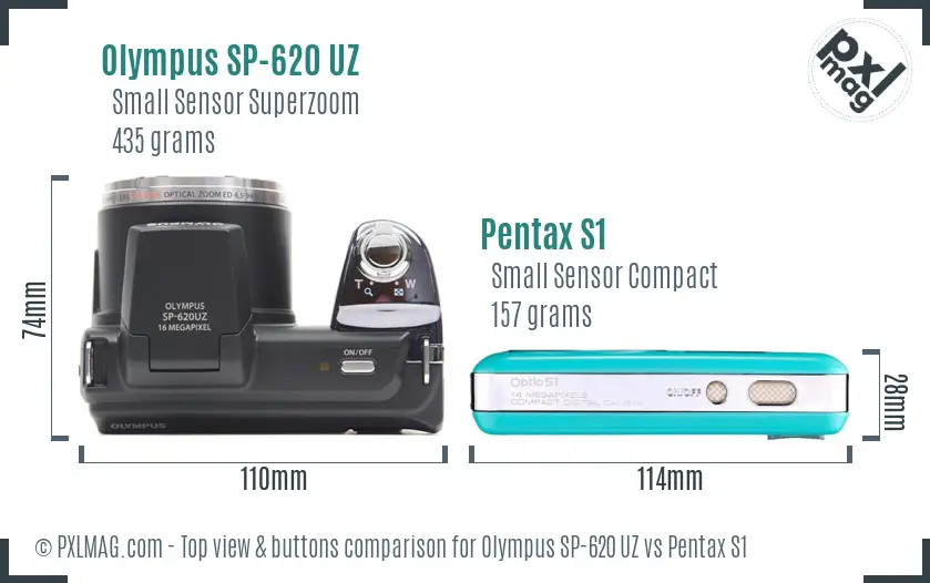 Olympus SP-620 UZ vs Pentax S1 top view buttons comparison