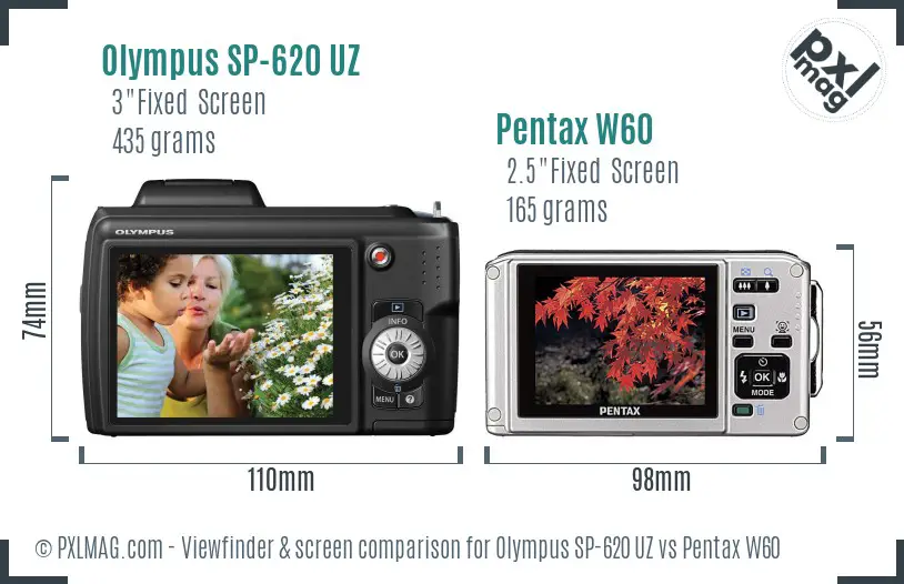 Olympus SP-620 UZ vs Pentax W60 Screen and Viewfinder comparison