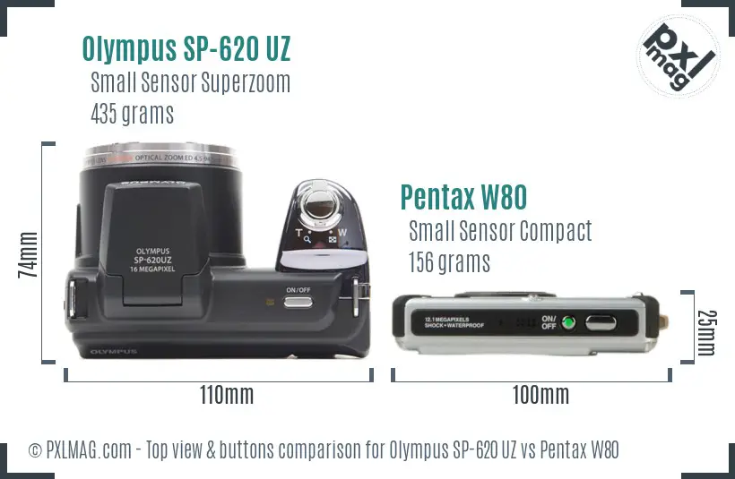 Olympus SP-620 UZ vs Pentax W80 top view buttons comparison