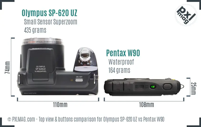 Olympus SP-620 UZ vs Pentax W90 top view buttons comparison