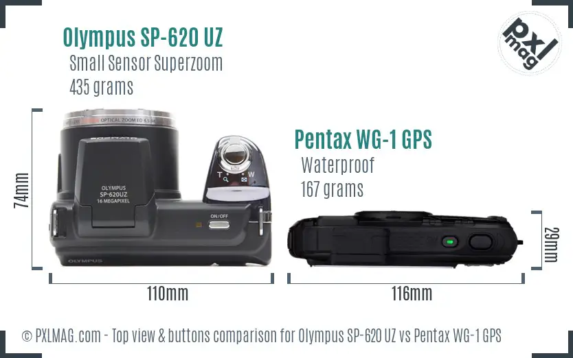 Olympus SP-620 UZ vs Pentax WG-1 GPS top view buttons comparison