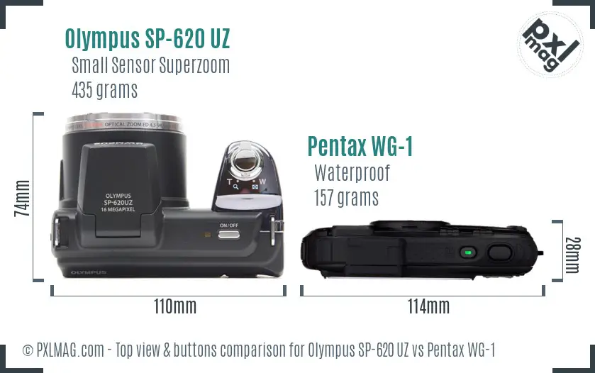 Olympus SP-620 UZ vs Pentax WG-1 top view buttons comparison